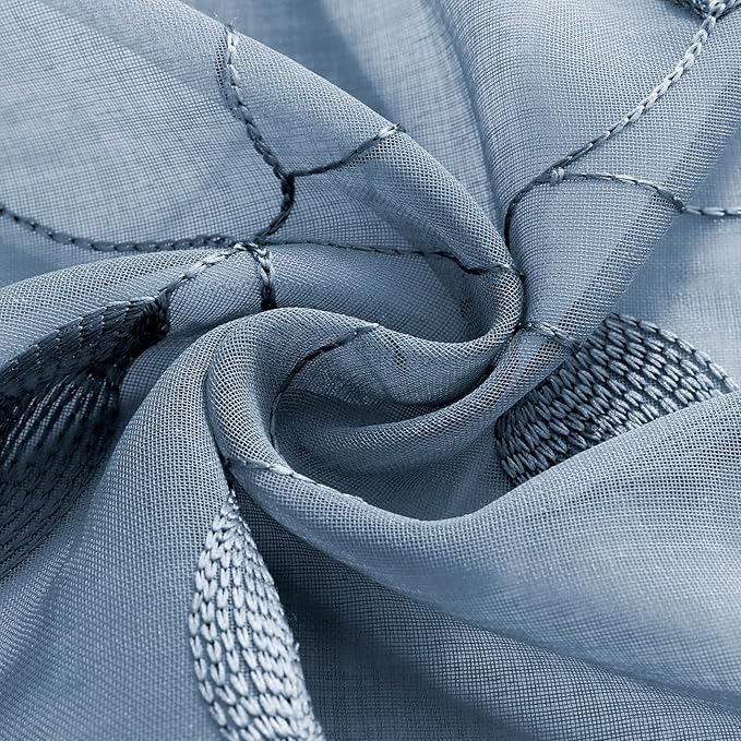 HOMEIDEAS Stone Blue Sheer Kitchen Curtains 30 X 36 Inch Length 2 Panels Embroidered Leaf Pattern Short Bathroom Window Curtains for Small Window Valance Tiers