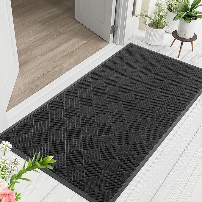 Indoor Outdoor Door Mat, 5’x 3' Doormat for Entryway, Rubber Backing Non Slip Front Door Mat Outside Entrance, Super Absorbent Commercial Floor Mat for Home Office, Black