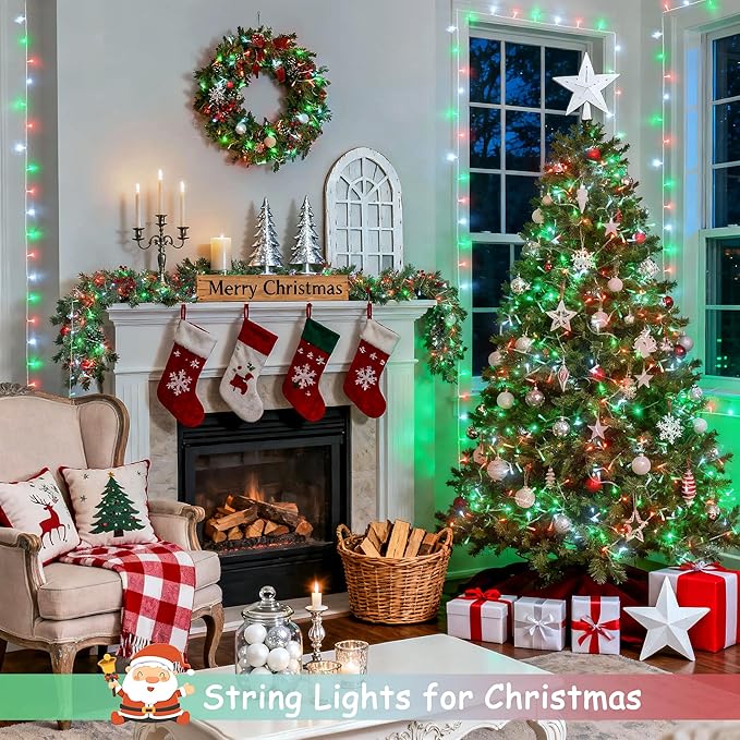 JMEXSUSS 2 Pack Red White and Green Christmas Lights Battery Operated, Each 33ft 100 LED Battery String Lights with Remote, Christmas String Lights for Tree Bedroom Porch Garland Yard Xms Decor
