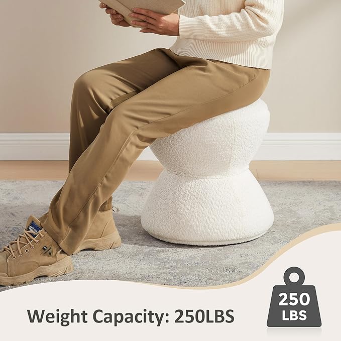 VANOMi Multi-Functional Boucle Ottoman, Vanity Stool Chair, Sturdy Rotating Wooden Footstool, Suitable for Living Room, Bedroom, and Entryway, Without Installation, Swivel, White