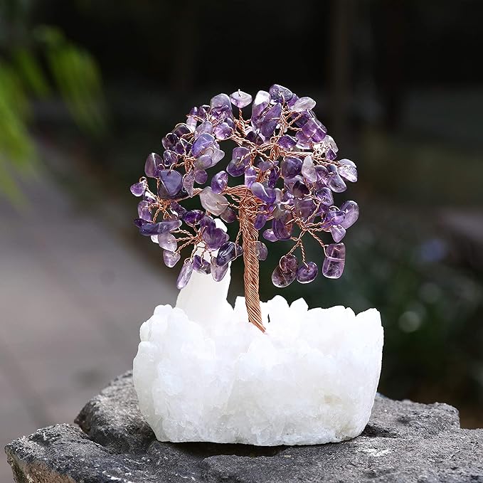 Amethyst Crystal Tree of Life with White Aura Base โ Gemstone Tree for Shelf & Home Bedroom Decor โ Crystals and Healing Stones, Cute Purple Birthday Gifts & Housewarming Gifts for Women Mom Sister