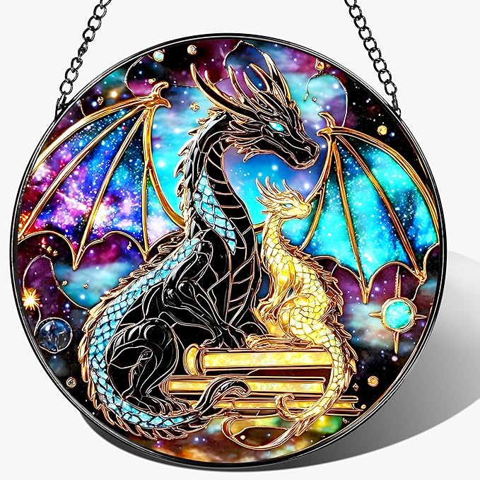 Stained Glass Window Hanging, 8 Inch Dragon Stained Glass Suncatcher, Sun Catchers Indoor Window, Suncatchers for Windows Hanging, Book Lover Christmas Ornament, Perfect for Bookworms