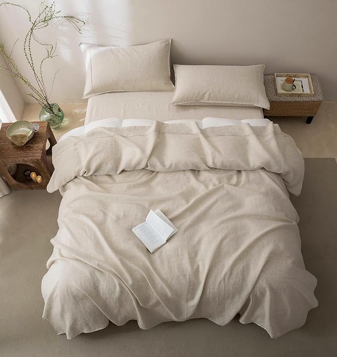 Talasily 100% French Pure Linen Sheets Set King Size,Oeko-TEX Certified Bedding, All-Season Breathable for Hot Sleepers,16 Inch Deep Pocket Machine Washable 4-Piece (Natural Linen)