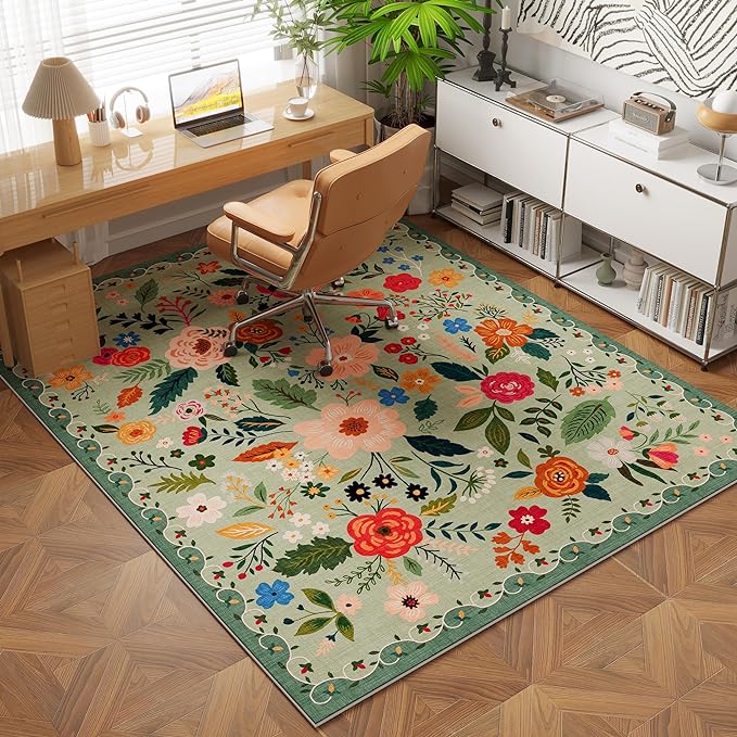Rugcomf Area Rug 4x6 Rug Washable Boho Rugs Non Slip Low Pile Floral Small Carpet for Bedroom, Bedside, Kids Room, Office, Dining Room(Green)