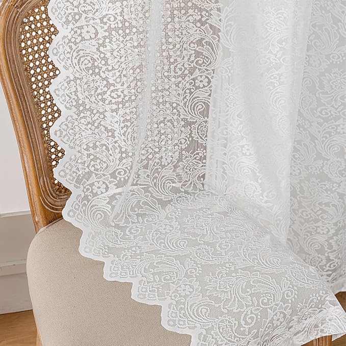 96-Inch Pure White Lace Sheer Curtains – Vintage Floral Lace for Bedroom/Living Room, Light Filtering Rod Pocket Drapes, Privacy Chic Window Treatments, 52W x 96L Inch, 2-Panel Set