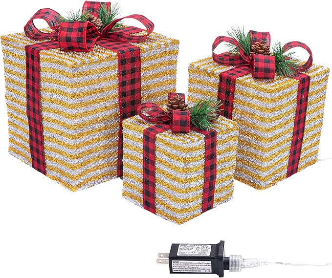 Sunnyglade 10"-8"-6" Set of 3 Christmas Lighted Gift Boxes Decoration Boxes with Plug, Bows, Artificial Pine Leaves and Pine Cones for Christmas, Weddings Yard Home Holiday Art Decoration