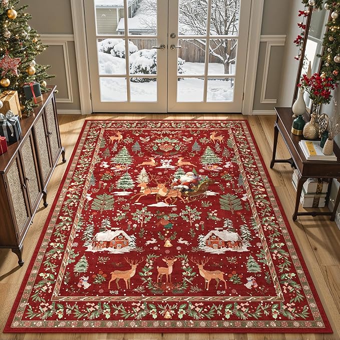 Lahome Christmas Area Rug, 5x7 Red Living Room Rugs, Christmas Tree Santa Claus Non Slip Soft Dining Room Rug, Washable Winter Indoor Carpet for Bedroom Entry Holiday Decor