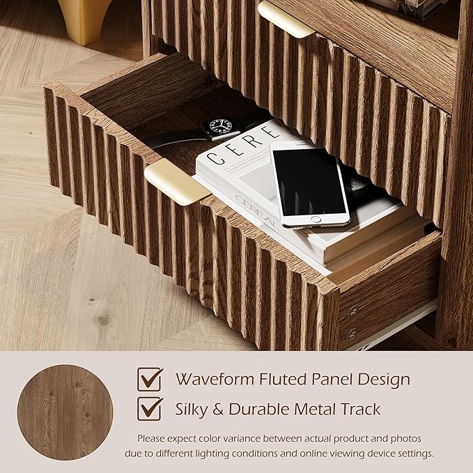 Fluted Nightstands Set of 2 - Walnult Nightstand with 2 Drawers & Open Shelves, 22" Wide Large Bedside Stand Modern Storage Wooden Side Tables for Bedroom (Natural Oak)
