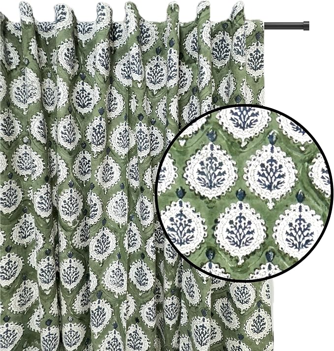 ATOSII 100% Cotton Single Panel Floral Block Print Curtain, Easy Hanging with Rod Pocket & Loop, Living Room, Dining Room, Bedroom Light Filtering Boho Curtains, Set of 1, 60" W X 96" L, Kari Green