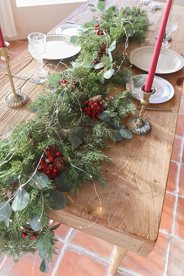 6.3FT Christmas 144 Branch Tips Cedar Garland with LED String Lights, Anna's Whimsy Seasonal Artificial Pine Cypress Garland, Holiday Indoor Outdoor Christmas Decor