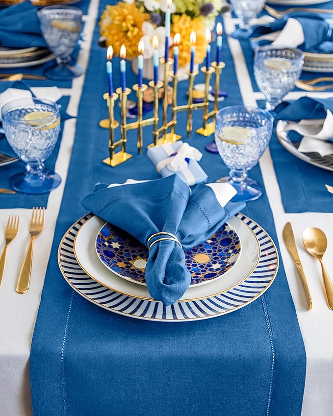 Solino Home Linen Indigo Blue Table Runner 72 Inches Long - 100% Pure Linen Hemstitch Table Runner 14 x 72 Inch for Dresser, Dining, Fall, Autumn, Halloween, Christmas - Classic Hemstitch