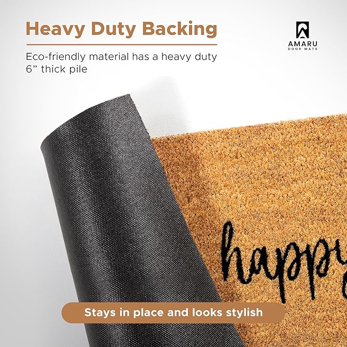 Be Happy - 17"x29" - Coir Door Mat with Heavy Duty Backing - Welcome Mats for Entryway, Porch - Anti-Slip PVC & Coconut Fiber Surface - Natural Home Accessories, Minimalist Original Design