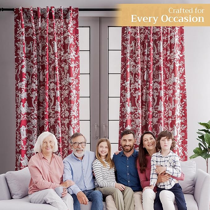 Maison d' Hermine Curtains for Living Room 100% Cotton 108 inch Length One Panel Light Filtering Toile Curtains for Bedroom Windows with Rod and Loop Pockets Drapes (Joli Jouy Red, 50" W x 108" L)