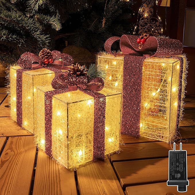 Christmas Decorations, Set of 3 Christmas Lighted Gift Boxes, Pre-lit 60 LED Light Up Present Boxes Warm White Ornaments for Indoor Outdoor Yard Lawn Home Wedding Decor (Pink Bow)