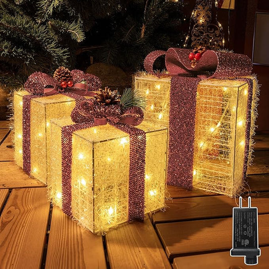 Christmas Decorations, Set of 3 Christmas Lighted Gift Boxes, Pre-lit 60 LED Light Up Present Boxes Warm White Ornaments for Indoor Outdoor Yard Lawn Home Wedding Decor (Pink Bow)