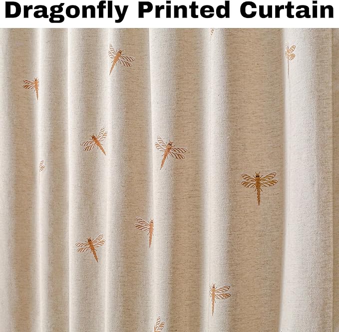 Natural Flax Linen Curtains 50x96 Inch –Brown Taupe with Dragonfly Embroidery, Room Darkening for Bedroom & Living Room
