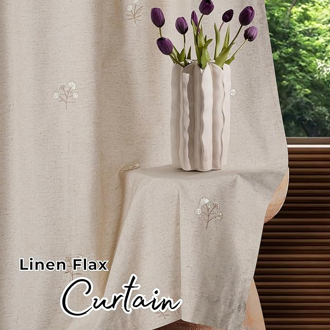 Bedding Craft Linen, Drapes, Linen Room Darkening, Flax Drapes, Natural, Taupe 84 inch Embroidered Curtains