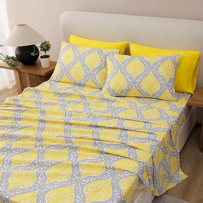 Twin Size Bed Sheets Set Deep Pockets - 6PC Floral Ultra Soft Microfiber Bed Sheets - Easy to Clean, 90 Thread Count Sheets with Fitted Sheet, Flat Sheet & Pillowcases (Grey/Yellow Medallion)
