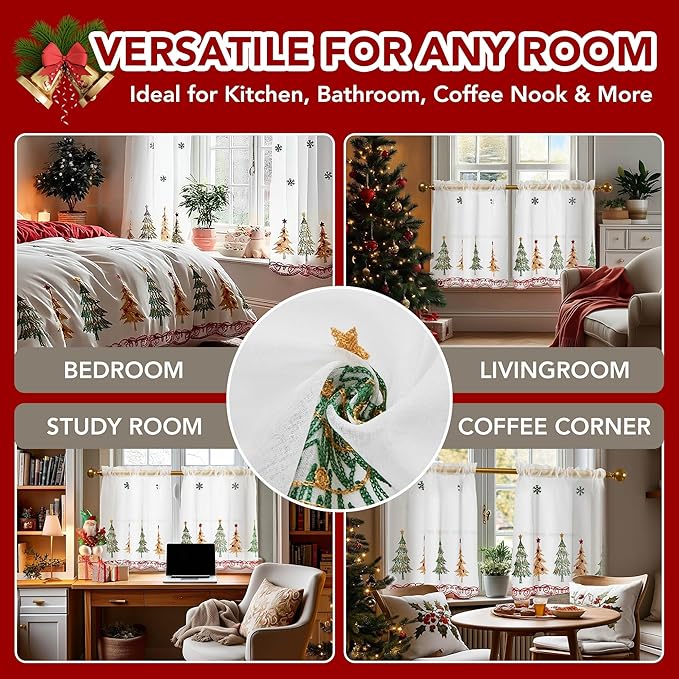 Deconovo Christmas Kitchen Tier Curtains, Embroidered Cafe Tiers, Semi Sheer Window Treatment with Rod Pocket, Light Filtering for Small Windows, Door & Sink Areas, 28W x 30L, Tree, 2 Panels
