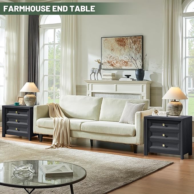 Farmhouse Black Nightstand with 3 Drawers, Rustic Bedside Table with Storage, Large Bed Side Table for Bedroom Living Room Home Office Furniture 24.8” Tall Nightstand with Gold Knobs