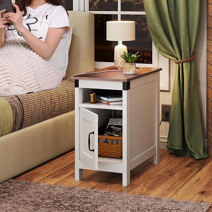 WLIVE White Farmhouse End Table for Living Room, Narrow Side Table with Charging Station, Night Stand with Storage, Small Wooden Cabinet with USB Ports and Outlets for Bedroom, White