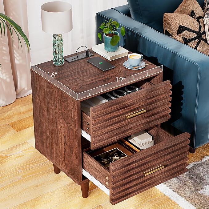 Alohappy Night Stand with Charging Station, Bedside Table with 2 Drawers, Mid Century Modern End Table, Bed Side Table with USB Ports and Outlets, Nightstand for Bedroom, Brown 1pc