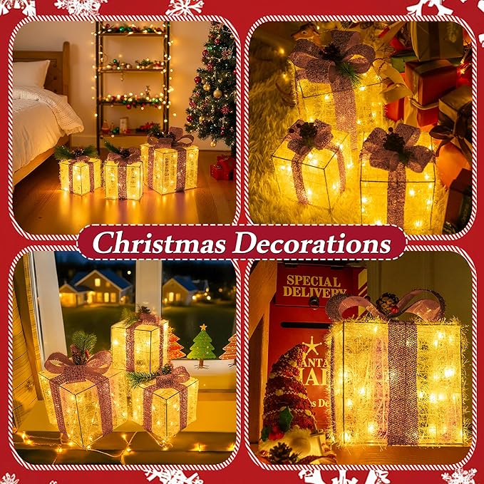 Christmas Decorations, Set of 3 Christmas Lighted Gift Boxes, Pre-lit 60 LED Light Up Present Boxes Warm White Ornaments for Indoor Outdoor Yard Lawn Home Wedding Decor (Pink Bow)