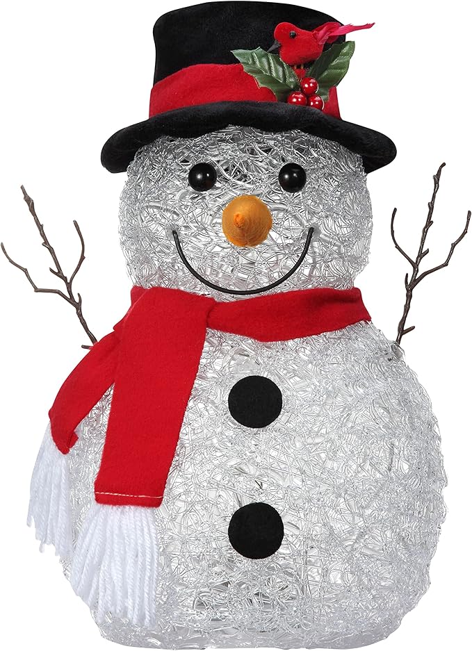 Haute Decor 13 Inch Tall Spun Acrylic Snowman with LED Lights, Battery Operated with Built-in Timer - Christmas Holiday Decoration for Mantel, Tabletop, Counter, Entryway, Art Nook