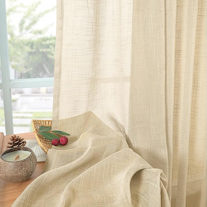 YoungsTex Burlap Linen Curtains 40 Inch Length for Kitchen Cafe Window, Natural Semi Sheer Short Drapes Textured Light Filtering with Rod Pocket Back Tab for Bathroom, 2 Panels, 34 X 40 Inch
