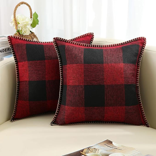 decorUhome Christmas Buffalo Plaid Check Throw Pillow Covers 20x20 Set of 2, Farmhouse Gingham Linen Decorative Pillow Covers with Stitched Edge for Bed Couch Sofa, Red and Black