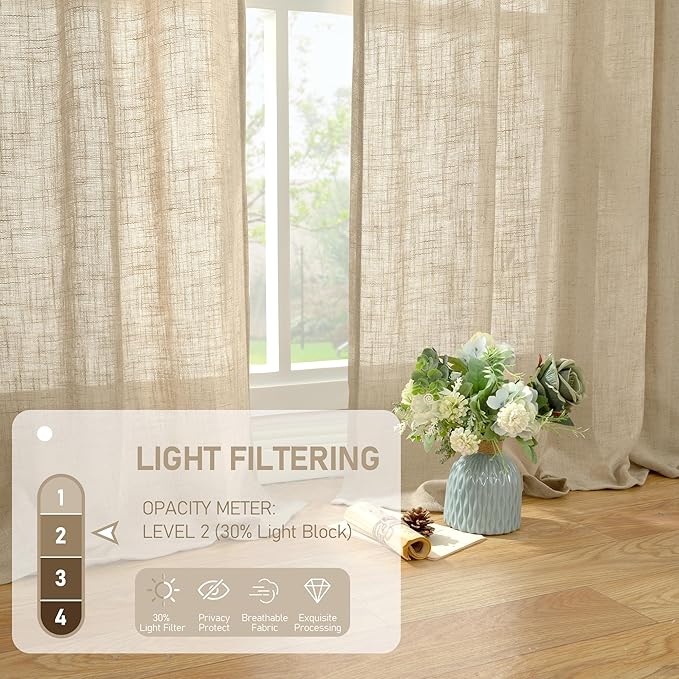LAMIT Linen Blended Curtains for Bedroom, Faux Linen Textured Light Filtering Drapes Back Tab and Rod Pocket Boho Burlap Panels for Farmhouse/Living Room, 2 Panels, 38 x 84 Inch, Brown