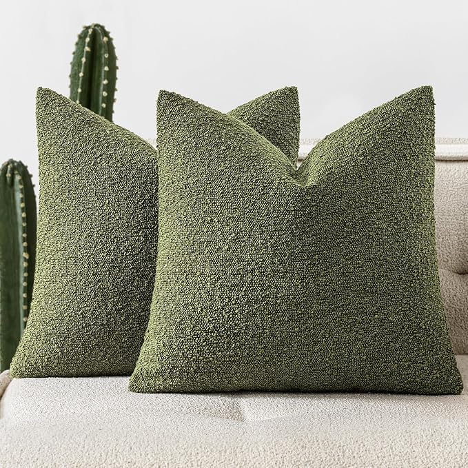 Woaboy Pack of 2 20x20 Inch Decorative Boucle Throw Pillow Covers Textured Square Pillowcaes Accent Solid Cozy Soft Cushion Covers Home Decor for Sofa Couch Living Room Home Decor,Olive Green