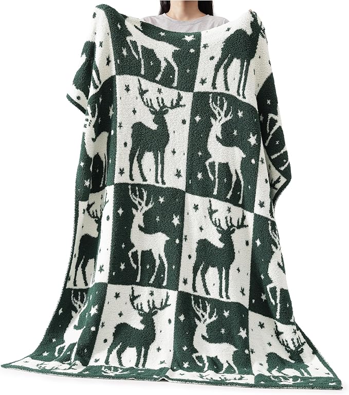 WRENSONGE Checkered Throw Blanket, Green Deer Pattern, Soft Cozy Fluffy Warm Hand Made Throw Blankets for Couch, Sofa, Chair, Bed, Camping, Picnic, Travel Lightweight Bed Blanket - 50"*60"