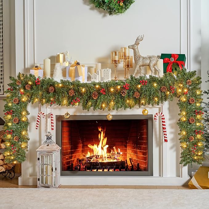 Joiedomi 9 FT Artificial Christmas Garland Prelit with 50 Count Warm White String Lights, Pine Cones and Red Berries for Christmas Holiday Xmas Season Decorations, Plug in Lighted Pine Garland