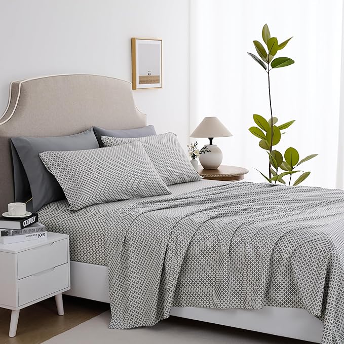 Twin Size Bed Sheets Set Deep Pockets - 6PC Geometric Print Ultra Soft Microfiber Bed Sheets - Easy to Clean, 90 Thread Count Sheets with Fitted Sheet, Flat Sheet & Pillowcases (Grey Diamond)