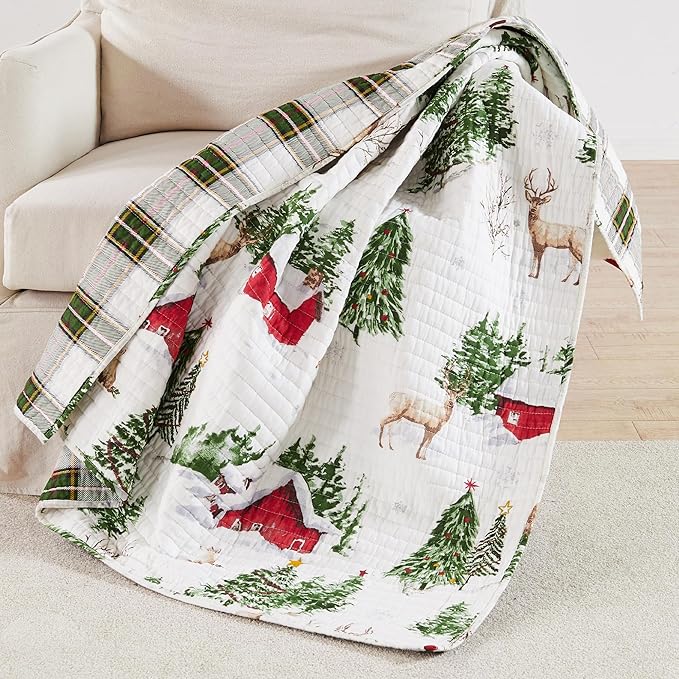 Levtex Home - Tatum Pines Throw - Christmas Cabin - Red, Green, Brown and White - Holiday Quilted Throw Size 50x60in. - Cotton