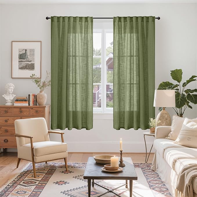 YoungsTex Olive Green Linen Semi Sheer Curtains 63 Inch Length for Living Room Window, Light Filtering Drapes Rustic Textured with Rod Pocket Back Tab for Bedroom, 2 Panels, 42 X 63 Inch