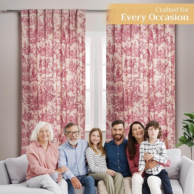 Maison d' Hermine Curtains for Living Room 100% Cotton 108 inch Length Two Panels Light Filtering Toile Curtains for Bedroom Windows with Rod and Loop Pockets Drapes (The Miller Red, 50" W x 108" L)