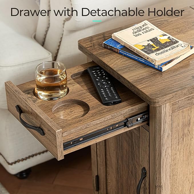 LINSY HOME End Table Set of 2 with Charging Station, Modern Farmhouse Sofa Couch Side Table, Wooden Bedside Table for Living Room Bedroom, Narrow Nightstand with Storage for Small Space, Brown