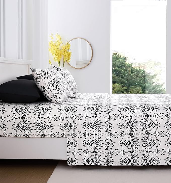 Twin Size Bed Sheets Set Deep Pockets - 6PC Floral & Swirl Ultra Soft Microfiber Bed Sheets - Easy to Clean, 90 Thread Count Sheets with Fitted Sheet, Flat Sheet & Pillowcases (Black/White Scroll)