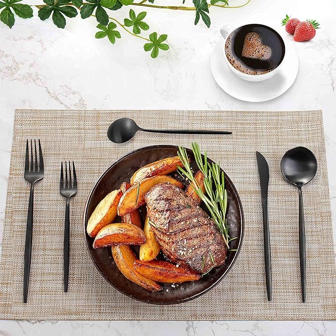 Matte Black Silverware Set for 12, IBIILII JEFF 60 Pieces Stainless Steel Flatware Set,Kitchen Utensil Set, Tableware Cutlery Set, Knife Spoons And Forks Set, Satin Finished Polished & Dishwasher Safe