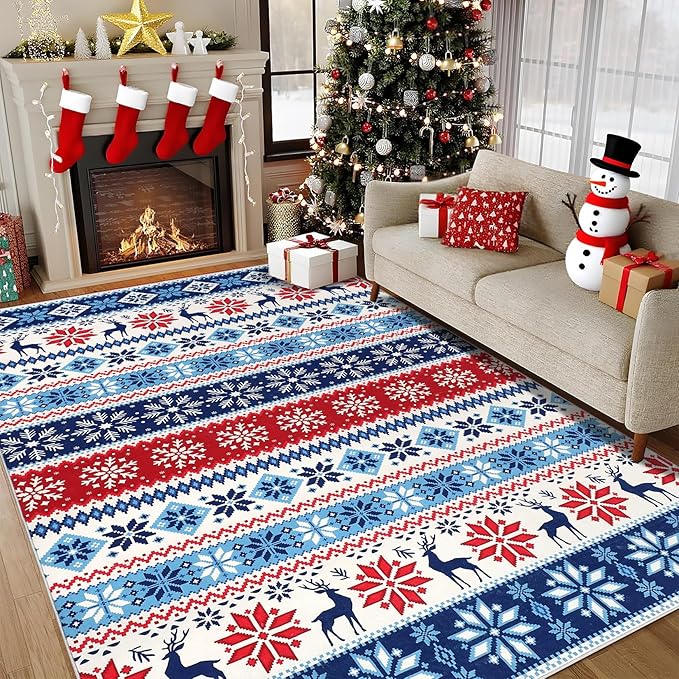 5x7 Christmas Area Rug Living Room Bedroom Large Xmas Decor Area Rug Indoor Washable Non-Slip Throw Floor Covers Boho Accent Rug Farmhouse Rug Festival Xmas Carpet for Dining Room, Blue