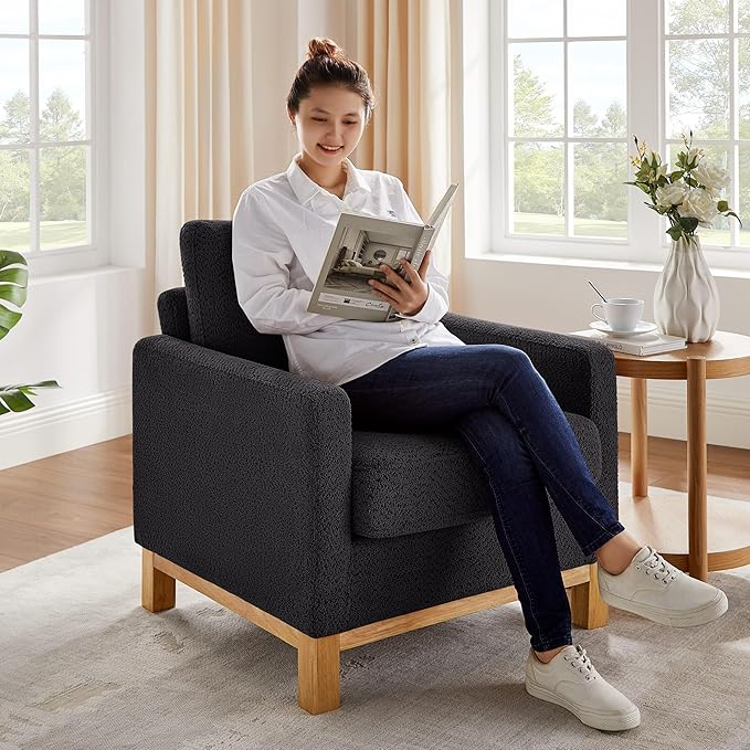 VANOMi Accent Chair 29.5" Reading Chair, Modern Living Room Chair with Thick Cushion&Wood Base, Comfy Upholstered Boucle Armchair, Single Sofa for Bedroom, Office, Dark Gray
