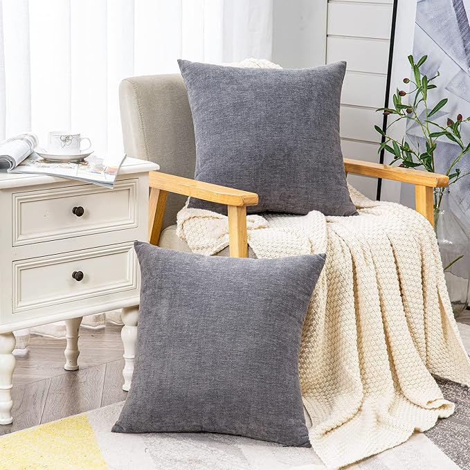 GAWAMAY Decorative Square Throw Pillow Covers 18"x18" Inch Set of 2, Super Soft Chenille Pillows Farmhouse Fall Pillowcase for Living Room Bedroom Sofa Couch Cushion Cover Grey 45x45cm (No Insert)