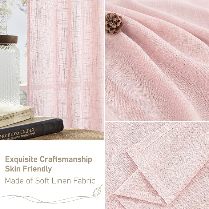 LAMIT Sheer Linen Curtains 63 Inch for Girls Bedroom, Light Filtering Neutral Semi Sheer Farmhouse Boho Curtains Back Tab and Rod Pocket Living Room Panels, Pink, 2 Panels, 52 x 63 Inch