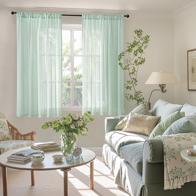 BGment Sage Green Linen Curtains 54 Inch Length for Short Window - Rod Pocket Drapes Light Filtering Sheer Textured for Bedroom Decorative Lightweight Natural Rustic, 2 Panels Set, 42 X 54 Inch