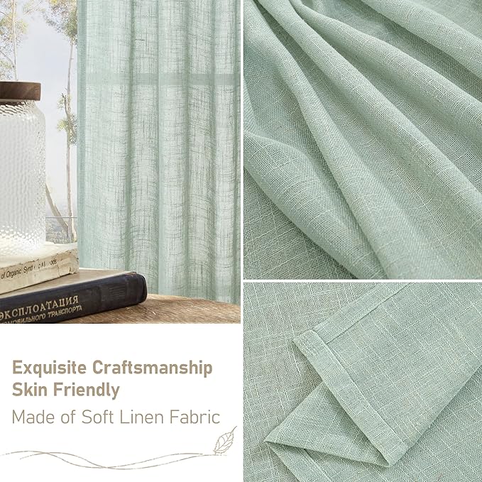 LAMIT 54 Inch Semi Sheer Window Linen Curtains, Light Filtering Panels Back Tab and Rod Pocket Neutral Drapes for Bedroom/Living Room, Light Sage, 2 Panels, 34 x 54 Inch