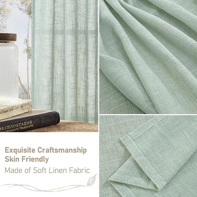 LAMIT Small Window Linen Curtains 45 Inch Length, Light Filtering Panels Back Tab and Rod Pocket Neutral Drapes for Cafe/Bathroom/Loft Room, Light Sage, 2 Panels, 34 x 45 Inch