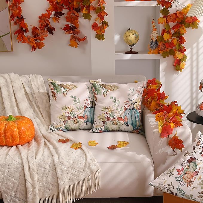 DFXSZ Fall Pillow Covers 16x16 inch Set of 2 Green Watercolor Pumpkin Fallen Leaves Decorative Throw Pillow Covers Autumn Thanksgiving Farmhouse Decoration for Home Couch TH27-F16