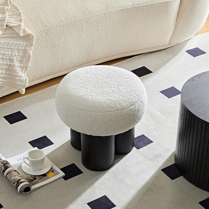 Mushroom Foot Stool, Round Teddy Fabric Ottoman with Non-Skid Legs, Small Footrest for Under Desk, Sofa Couch, Shoe Changing at Entrance, Living Room Bedroom Office (White & Black)